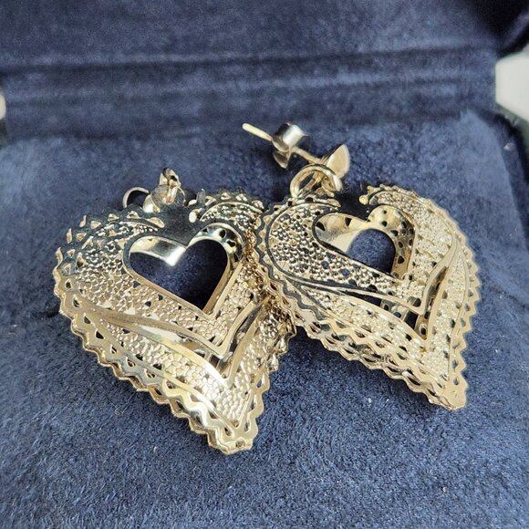 Estate Jewelry - VTG NIB 3.48g 925 Retro "Puffed" Thin Silver Filigree Open Drop Stud Earrings